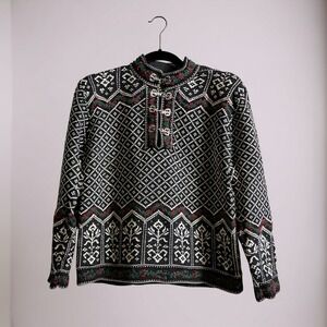 Talbots Women's Nordic Fair Isle Sweater Pullover Mock Neck Button Closure M